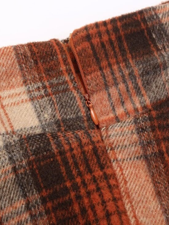 Women's Plaid Orange Fall Winter High Waisted Wool Plaid A-line Long Maxi Skirt - Picture 4 of 6